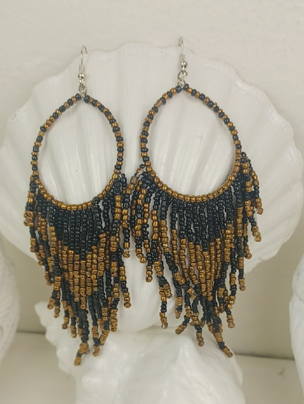 Tribal-Vibe Handcrafted Black and Gold Beaded Fringe Hoop Earrings